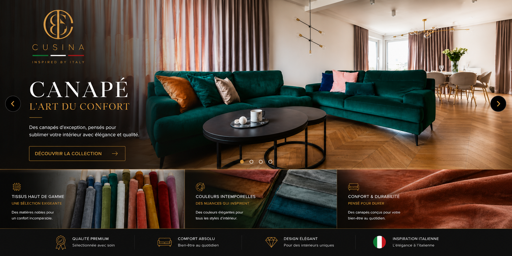 Canapé moderne vert émeraude dans un salon élégant avec décoration contemporaine et lumière naturelle