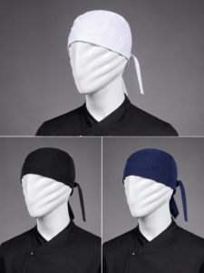 Calot de cuisine professionnel CUSINA avec attache réglable – Blanc, Noir et Bleu Marine.