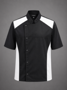 Signature Contrast Chef Jacket– Short Sleeve Professional Kitchen Uniform White short sleeve chef jacket with black contrast shoulder panels, side inserts, mandarin collar, and concealed snap-button closure.