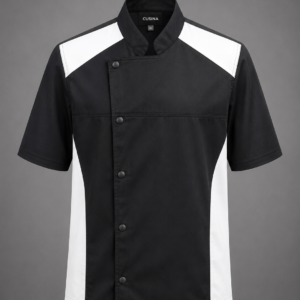Signature Contrast Chef Jacket– Short Sleeve Professional Kitchen Uniform White short sleeve chef jacket with black contrast shoulder panels, side inserts, mandarin collar, and concealed snap-button closure.