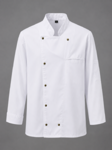 Veste de cuisine professionnelle blanche à manches longues avec col officier, fermeture à boutons pression et poche poitrine.