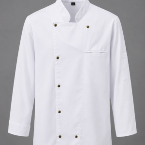 Veste de cuisine professionnelle blanche à manches longues avec col officier, fermeture à boutons pression et poche poitrine.