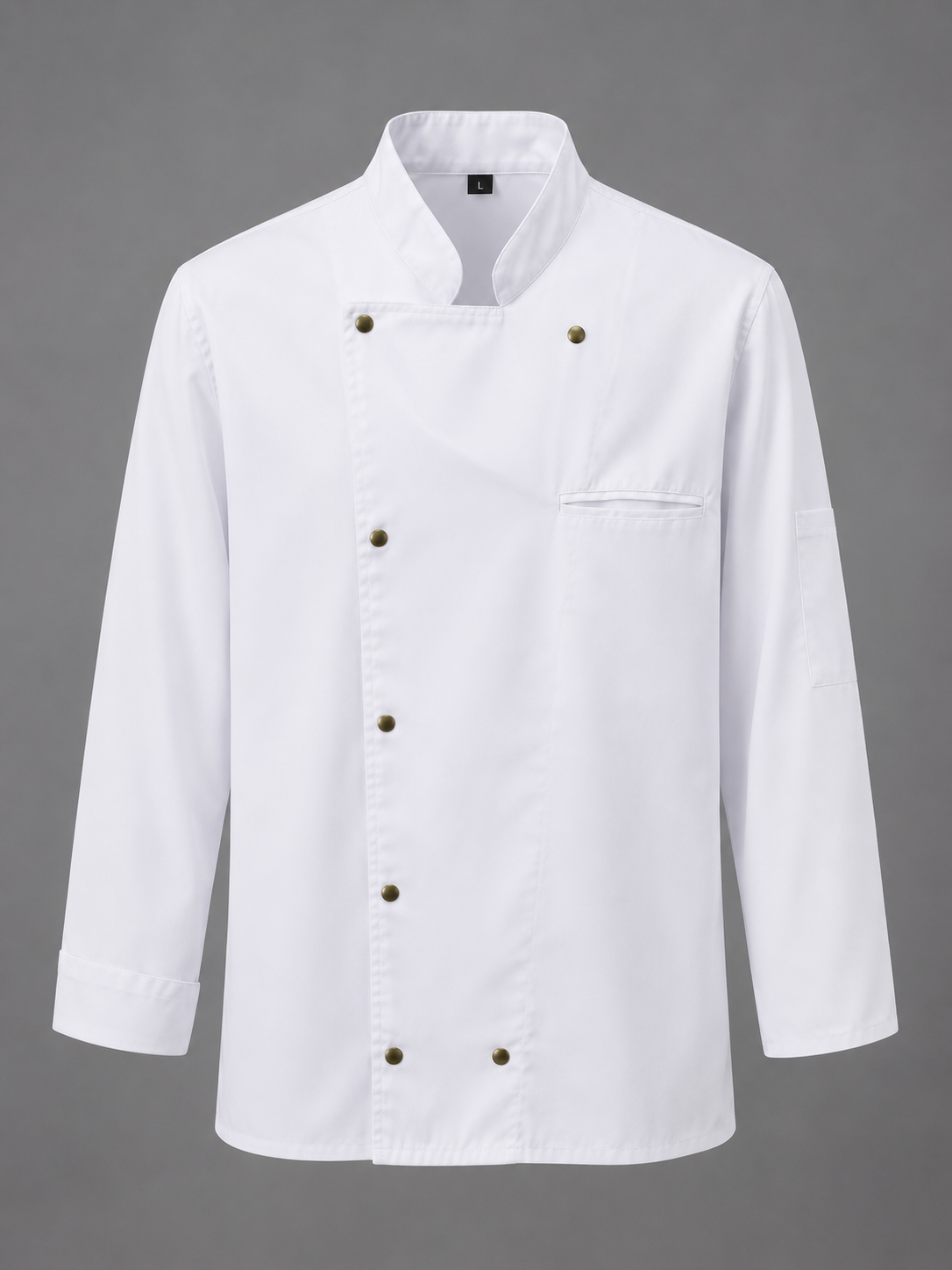 Veste de Cuisine Professionnelle Prestige Blanche à Manches Longues Veste de cuisine professionnelle blanche à manches longues avec col officier, fermeture à boutons pression et poche poitrine.