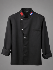 Veste Signature Héritage 1975 Black chef jacket close-up CUSINA 1975 collar embroidery Moroccan and French flags