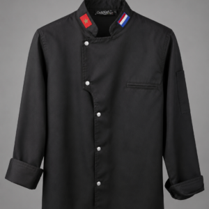 Veste Signature Héritage 1975 Black chef jacket close-up CUSINA 1975 collar embroidery Moroccan and French flags