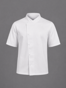 White short sleeve chef jacket with mandarin collar, concealed snap-button front closure, professional kitchen uniform.