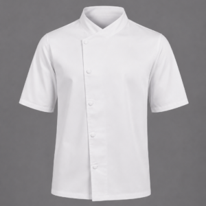 White short sleeve chef jacket with mandarin collar, concealed snap-button front closure, professional kitchen uniform.