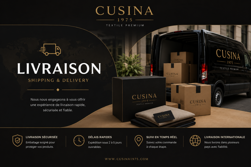 cusina1975 Informations de Livraison Livraison CUSINA 1975 avec colis textile premium expédié rapidement et soigneusement emballé