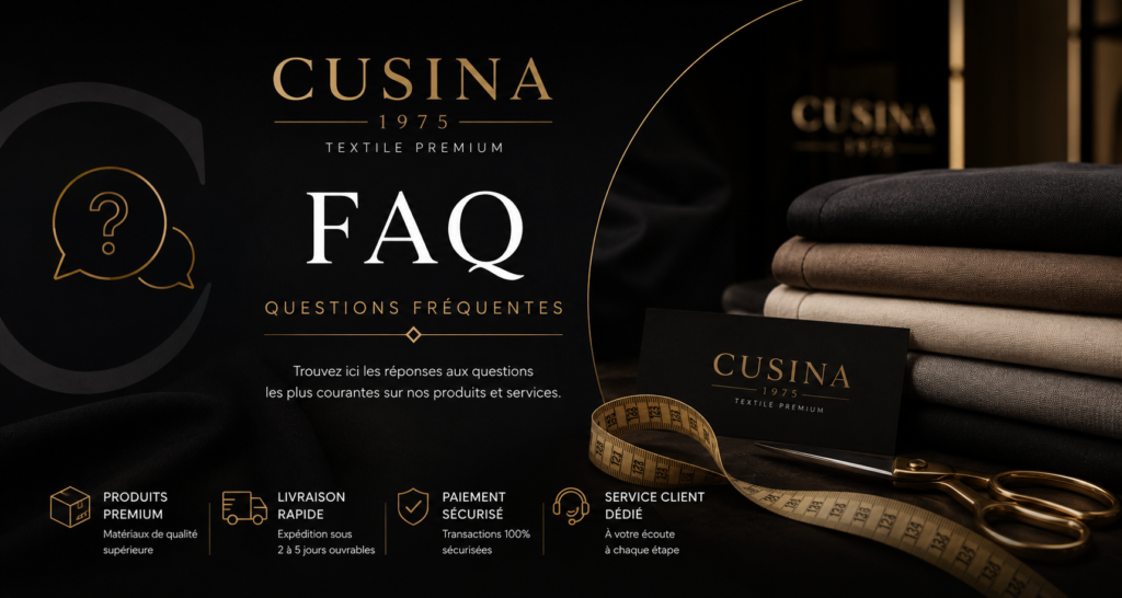 cusina1975 FAQ premium textile banner with luxury black and gold design showing fabrics, tailoring tools and customer support concept