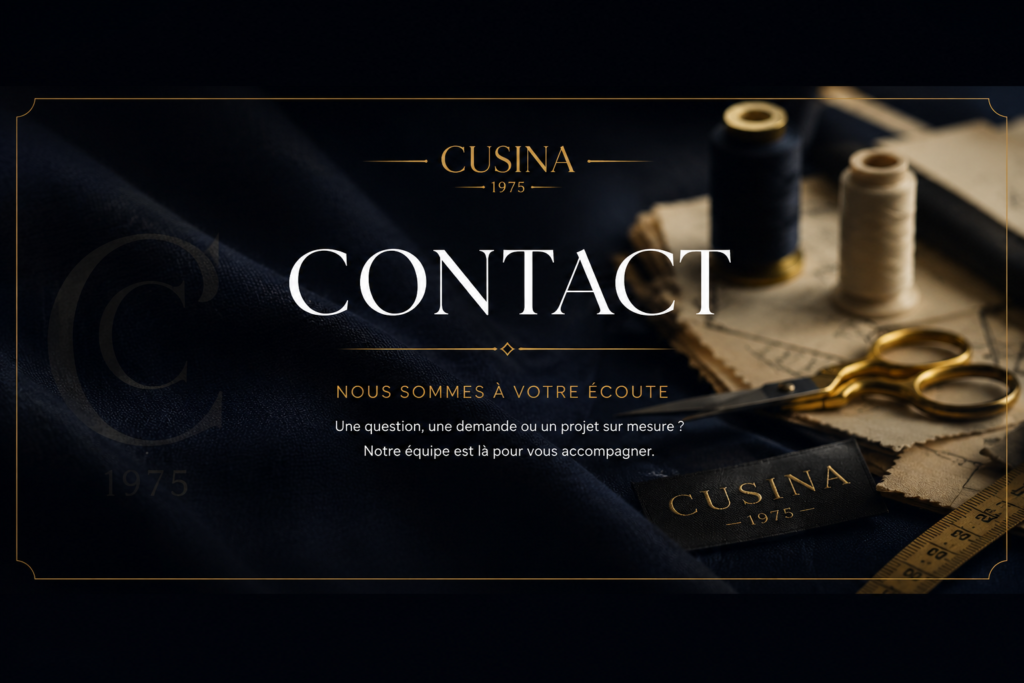 CONTACT PAGE CUSINA 1975 avec outils de couture, tissu premium et design élégant