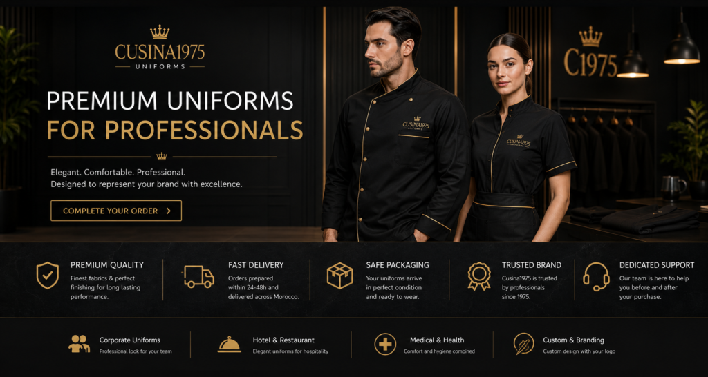 cusina1975 woocommerce carte Cusina1975 premium professional uniforms for chefs, restaurants, hotels, medical staff, and corporate teams with secure checkout and fast delivery across Morocco.