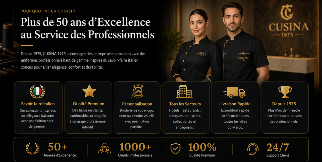 Pourquoi cusina1975 premium professional uniforms presentation featuring black and gold branding, experienced chefs wearing elegant uniforms, service highlights, business statistics, and call-to-action buttons for WhatsApp and phone contact.