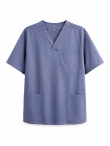 Tunique Médicale e Essentia & PantalonEssentia avec col en V, trois poches fonctionnelles et pantalon professionnel, disponible en bordeaux, violet royal et bleu gris.