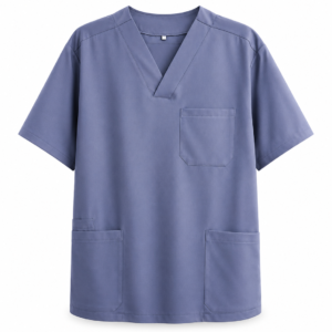 Tunique Médicale e Essentia & PantalonEssentia avec col en V, trois poches fonctionnelles et pantalon professionnel, disponible en bordeaux, violet royal et bleu gris.