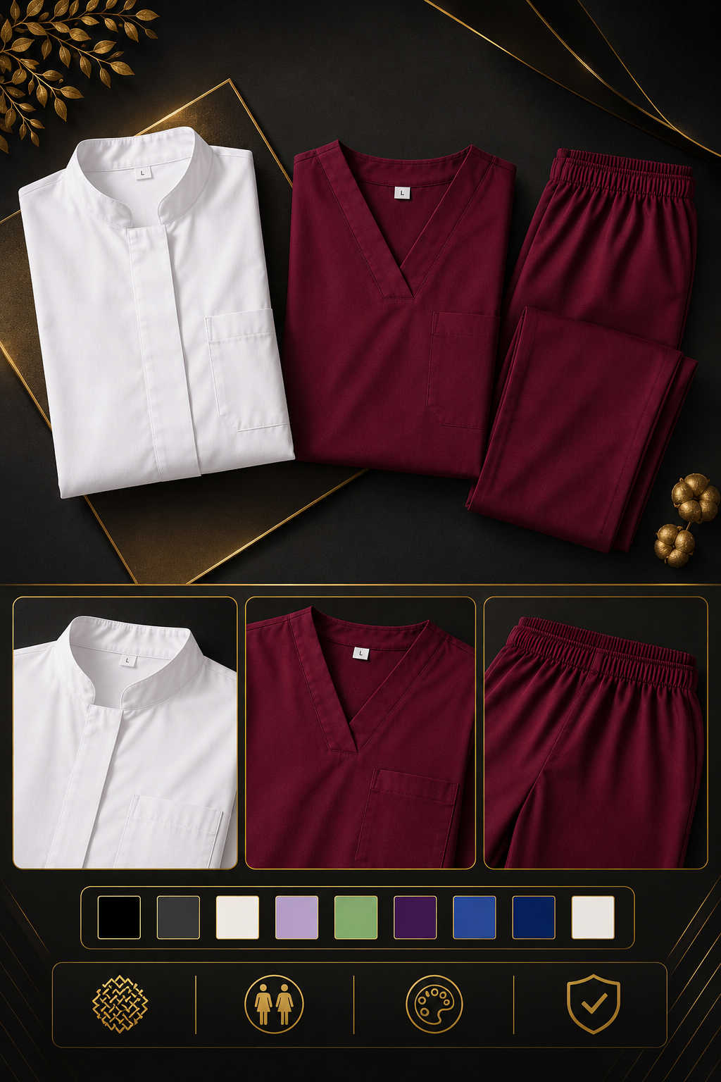 Ensemble médical professionnel 3 pièces avec blouse blanche, tunique bordeaux à col V et pantalon bordeaux. ensemble médical professionnel composé d'une blouse blanche à manches longues, d'une tunique bordeaux à col V avec poche poitrine et d'un pantalon bordeaux à taille élastique. Conçu pour offrir confort, élégance et liberté de mouvement aux médecins, infirmiers, dentistes, pharmaciens et autres professionnels de la santé.