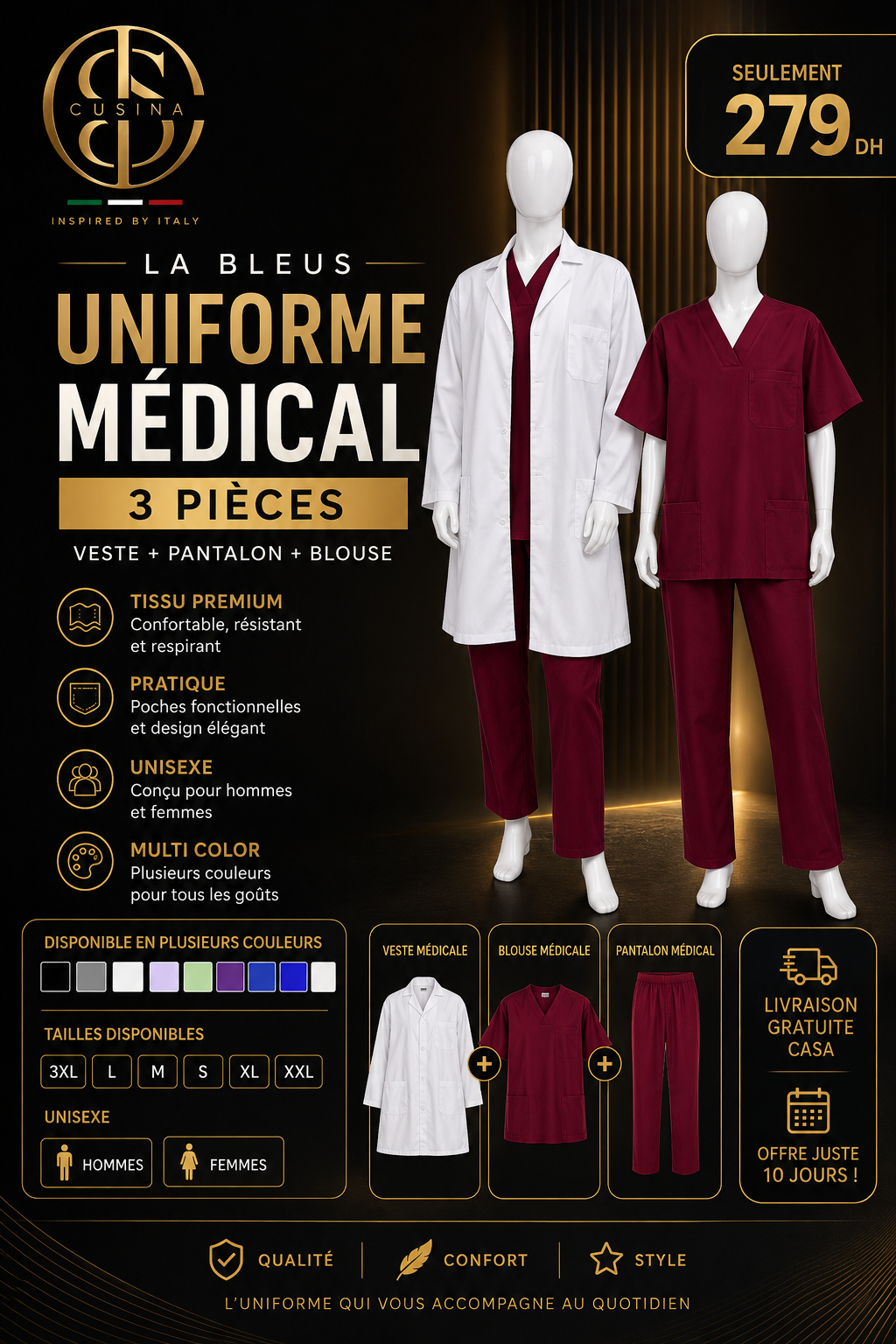 Ensemble médical professionnel 3 pièces avec blouse blanche, tunique bordeaux à col V et pantalon bordeaux. ensemble médical professionnel composé d'une blouse blanche à manches longues, d'une tunique bordeaux à col V avec poche poitrine et d'un pantalon bordeaux à taille élastique. Conçu pour offrir confort, élégance et liberté de mouvement aux médecins, infirmiers, dentistes, pharmaciens et autres professionnels de la santé.