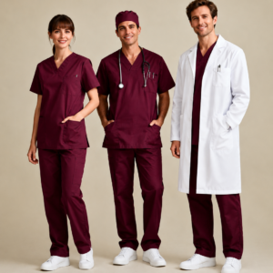 Ensemble Professionnel Médical d'une blouse blanche à manches longues, d'une tunique bordeaux à col V avec poche poitrine et d'un pantalon bordeaux à taille élastique. Conçu pour offrir confort, élégance et liberté de mouvement aux médecins, infirmiers, dentistes, pharmaciens et autres professionnels de la santé.