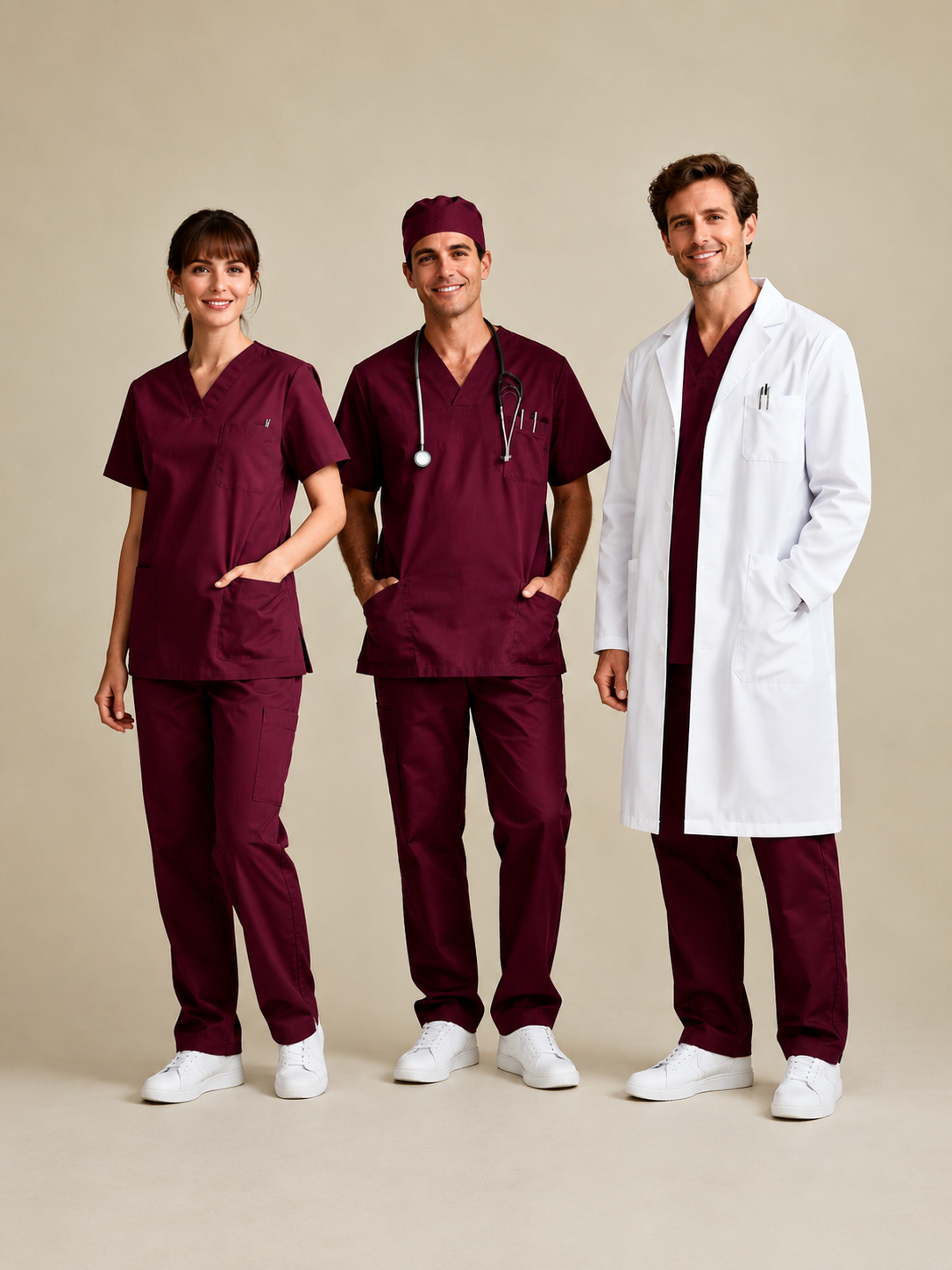 Ensemble médical professionnel 3 pièces avec blouse blanche, tunique bordeaux à col V et pantalon bordeaux. Ensemble Professionnel Médical d'une blouse blanche à manches longues, d'une tunique bordeaux à col V avec poche poitrine et d'un pantalon bordeaux à taille élastique. Conçu pour offrir confort, élégance et liberté de mouvement aux médecins, infirmiers, dentistes, pharmaciens et autres professionnels de la santé.