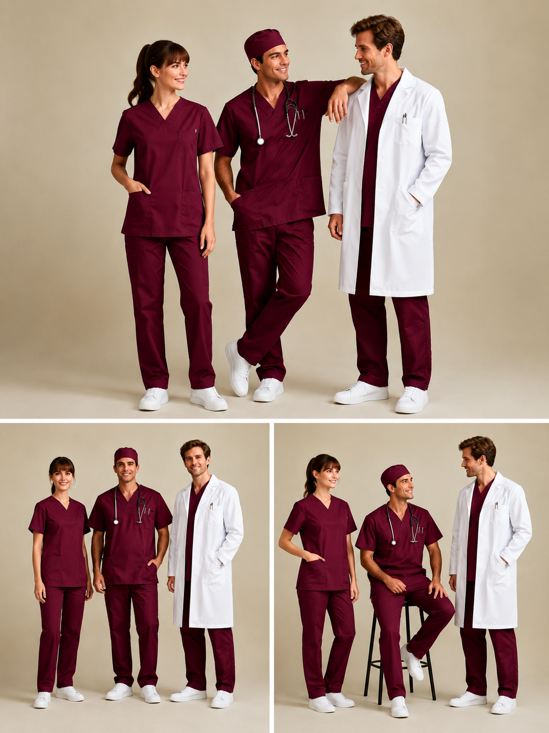 Ensemble médical professionnel 3 pièces avec blouse blanche, tunique bordeaux à col V et pantalon bordeaux. ensemble médical professionnel composé d'une blouse blanche à manches longues, d'une tunique bordeaux à col V avec poche poitrine et d'un pantalon bordeaux à taille élastique. Conçu pour offrir confort, élégance et liberté de mouvement aux médecins, infirmiers, dentistes, pharmaciens et autres professionnels de la santé.