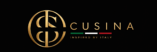 Luxury horizontal CUSINA logo featuring an elegant gold circular monogram on the left with intertwined "C" and "S" initials, paired with the gold wordmark "CUSINA" on the right. Below the name is a minimalist Italian flag accent in green, white, and red, followed by the tagline "Inspired by Italy" on a premium matte black background.